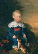 Portrait of a young boy with toy gun and dog